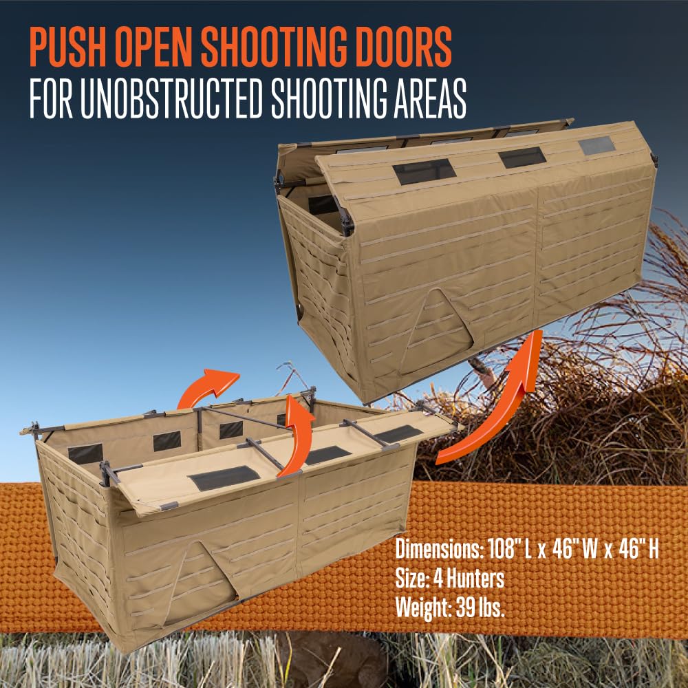 ALPS OutdoorZ Alpha Waterfowl Blind - Durable Hunting Blind in Tan, with Push Open Shooting Doors, Full-Length Side Access, Removable Gun Rests, Mesh Pockets, and Dog Doors