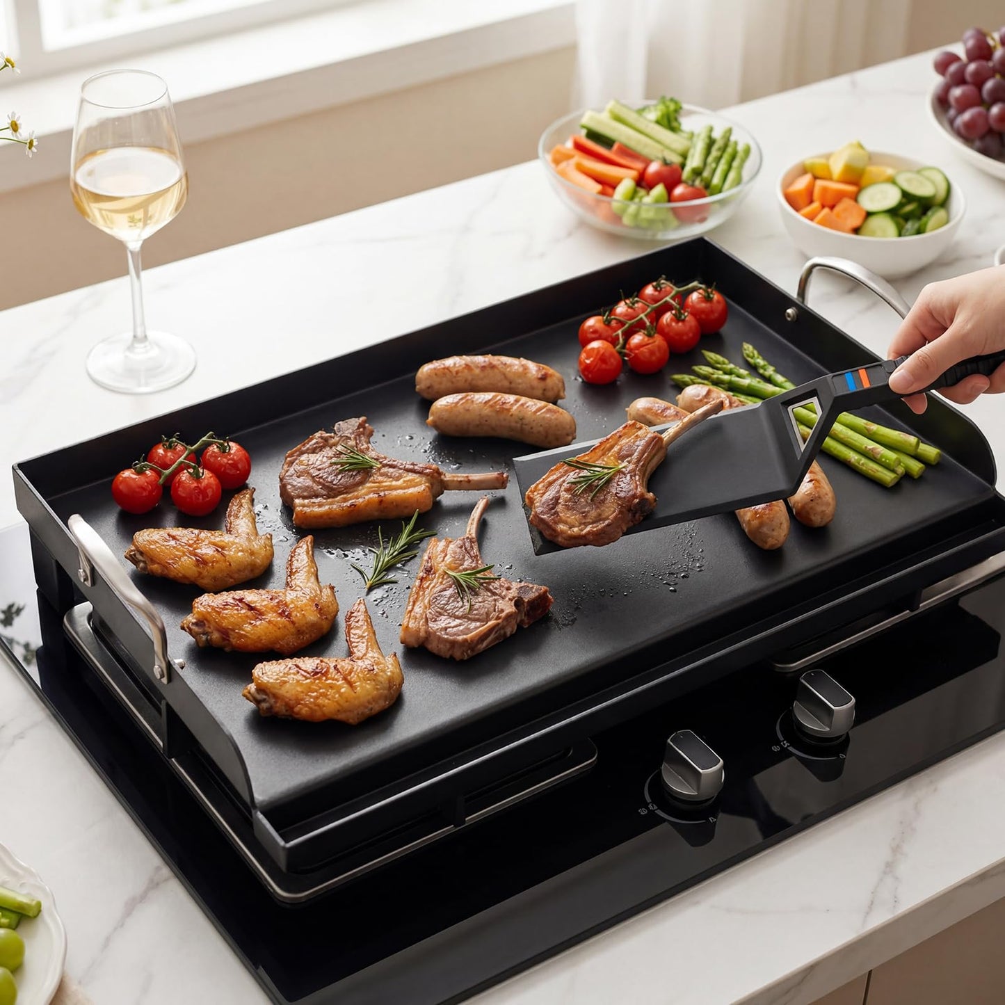 Utheer Griddle Kit, 25" x 16" Pre-Seasoned Cast Iron Flat Top Griddle with Scratch-Free Tools, Universal Grill Griddle for Gas & Charcoal Grills, Camping, Tailgating and BBQ