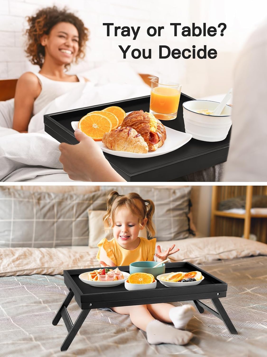 Pipishell Bamboo Bed Tray Table - Foldable Legs for Breakfast, Laptop Desk & Snack Use | Black