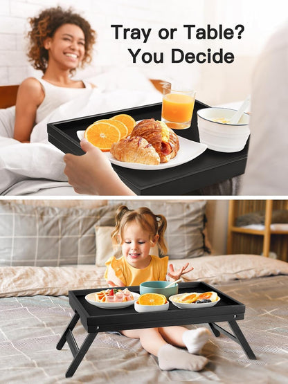 Pipishell Bamboo Bed Tray Table - Foldable Legs for Breakfast, Laptop Desk & Snack Use | Black