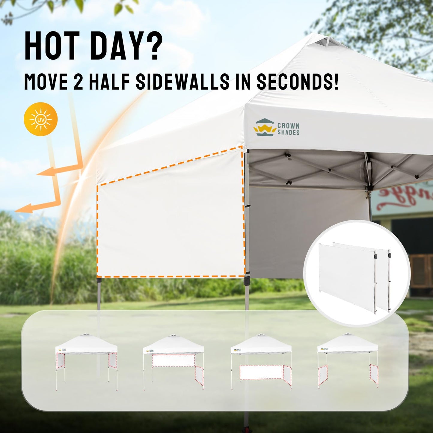 CROWN SHADES 10x10 Pop up Canopy Tent Instant Canopy with 150D Silver Coated Fabric Including 2 Half Sidewalls, 4 Ropes, 8 Stakes, 4 Weight Bags, STO-N-GO Bag, Grid White