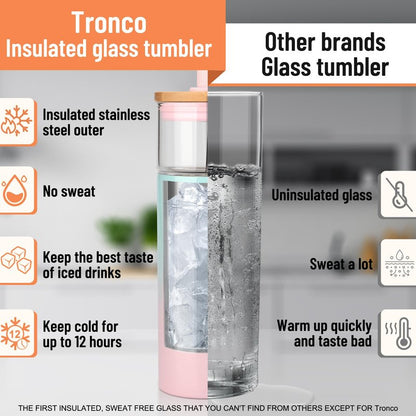 Tronco 20 oz Vacuum Insulated Glass Tumbler with Lid and Straw - Keeps Drinks Cold for 12 Hrs - Reusable Glass Cup for Iced Coffee, Smoothies & Boba - Sweat & BPA Free, Dishwasher Safe, Fit Car Holder
