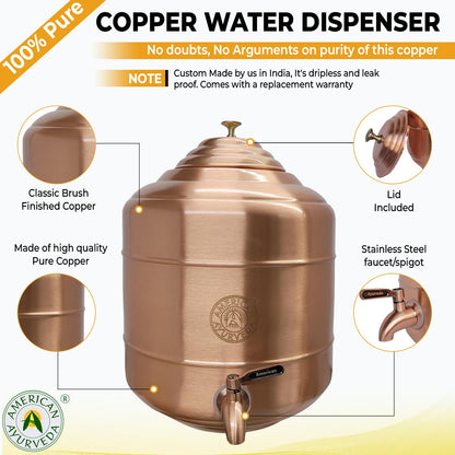 A 100% Pure Copper wer Dispenser Storage Tank Pot, Stainless Steel Faucet spigot and Lid included, Healthy Organic Water Yoga Meditation 3.17 Gallon (12 Liters), 5G-3.17G-1.32G