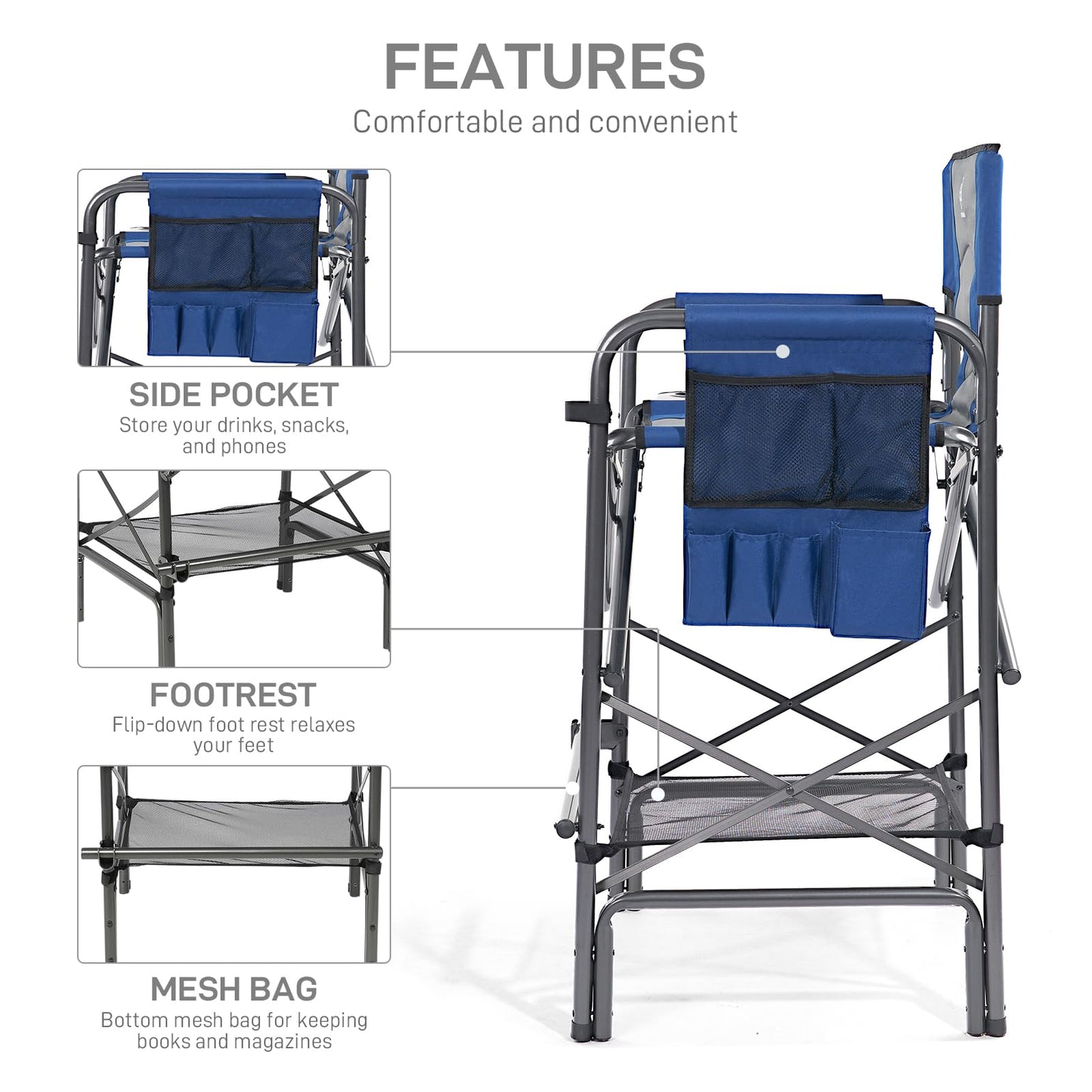 EVER ADVANCED Tall Folding Chair 30.7" Seat Height Directors Chair High Foldable Bar Stool for Makeup Artist Face Painting with Side Table Cup Holder and Storage Pocket Supports 350LBS (Blue/Grey)