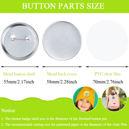 150 Pcs 58mm/2.28inch Blank Buttons Making Supplies Badge Parts, Round Button Pin Badge Blanks Set for Button Maker Machine, Includes Metal Buttons Pin Back Cover, Metal Cover & Clear Film (50 Set)