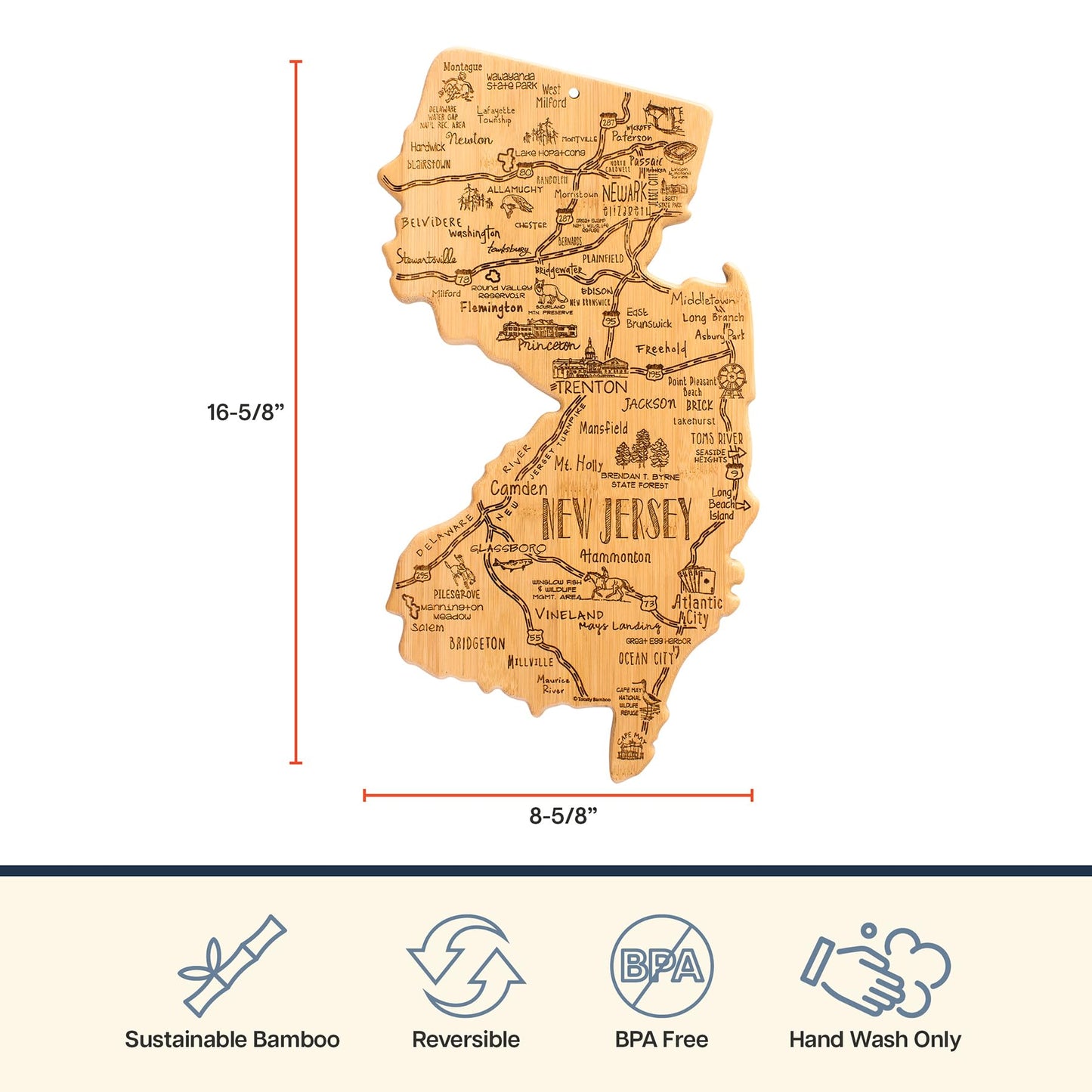 Totally Bamboo Destination New Jersey Shaped Cutting Board – Bamboo Charcuterie and Serving Board with Hang Tie for Wall Display