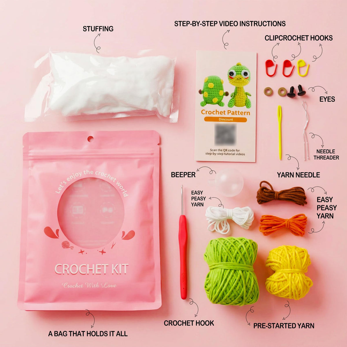 Eelexa Crochet Kit for Beginners - 2 Pack Set with Dinosaur Plush, Egg& Squeaker, Complete Starter Kit with Yarn, Tools & Video Tutorial, DIY Animal Craft Gift for Lovers