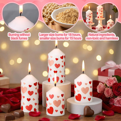 Lyrow 4 Pcs Pillar Candle 2 x 4‘', 2 x 3'' White Unscented Patterns Candlestick Smokeless Burning Candles for Valentine Wedding Anniversary Birthday Home Decor (Valentine's Day Heart)