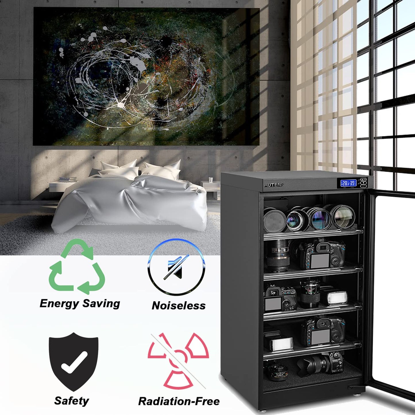 AUTENS Dehumidifying Dry Cabinet Box with Combination Lock,Digital Control Noiseless and Energy Saving,for Camera Lens,Electronic Equipment,Collectibles Storage,Temperature Humidity LED Screen (100L)