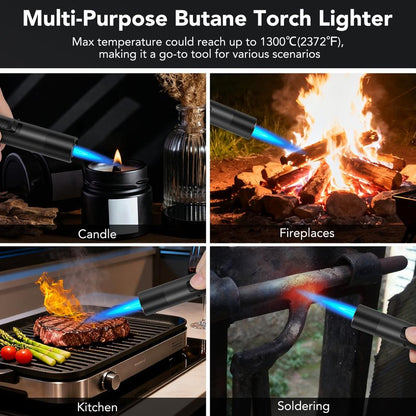 TBTeek 2 Pack Torch Lighters, Refillable Butane Lighter with Safety Lock & Continuous Flame, Visible Fuel Window, Adjuatable Jet Flame Lighter for Candle, BBQ, Fireplaces, Black(Butane Not Included)