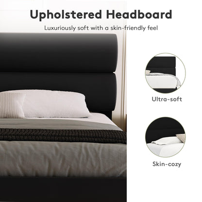 GRUSIGN Full Size Platform Bed Frame with Velvet Headboard, Adjustable Height Wooden Slats Support, Upholstered Mattress Foundation, Fits Mattress or Mattress with Box Spring, Easy Assembly, Black