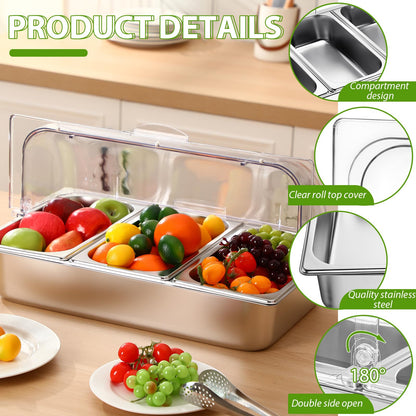 Ziliny 3 Pan Countertop Food Serving Display Container Stainless Steel Pizza Topping Station Display Rack Condiment Dispenser with Clear Roll Top Cover for Buffet Restaurant Hotel Kitchen Party