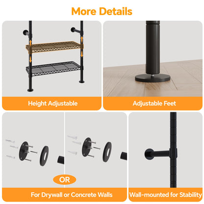 Higeego W3 Industrial Pipe Clothing Rack, Wall Mounted Clothes Rack Closet Wardrobe System with Expandable Hanger Rods Adjustable Storage Shelves, Heavy Duty Corner Walk-in Closet System, Black
