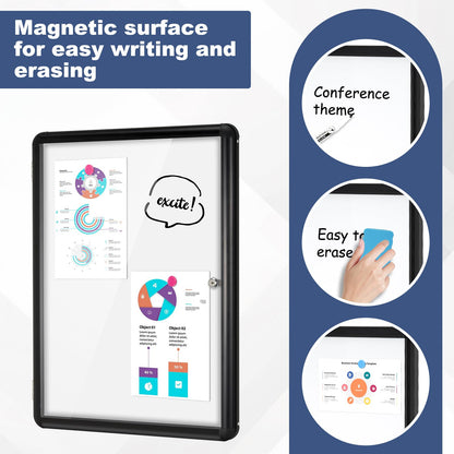 Enclosed Bulletin Board, 36"x24" Enclosed Bulletin Board with Locking Door Outdoor Weatherproof Enclosed White Board, Black Aluminium Frame Enclosed Whiteboard for School, Office, Venue, Hospital