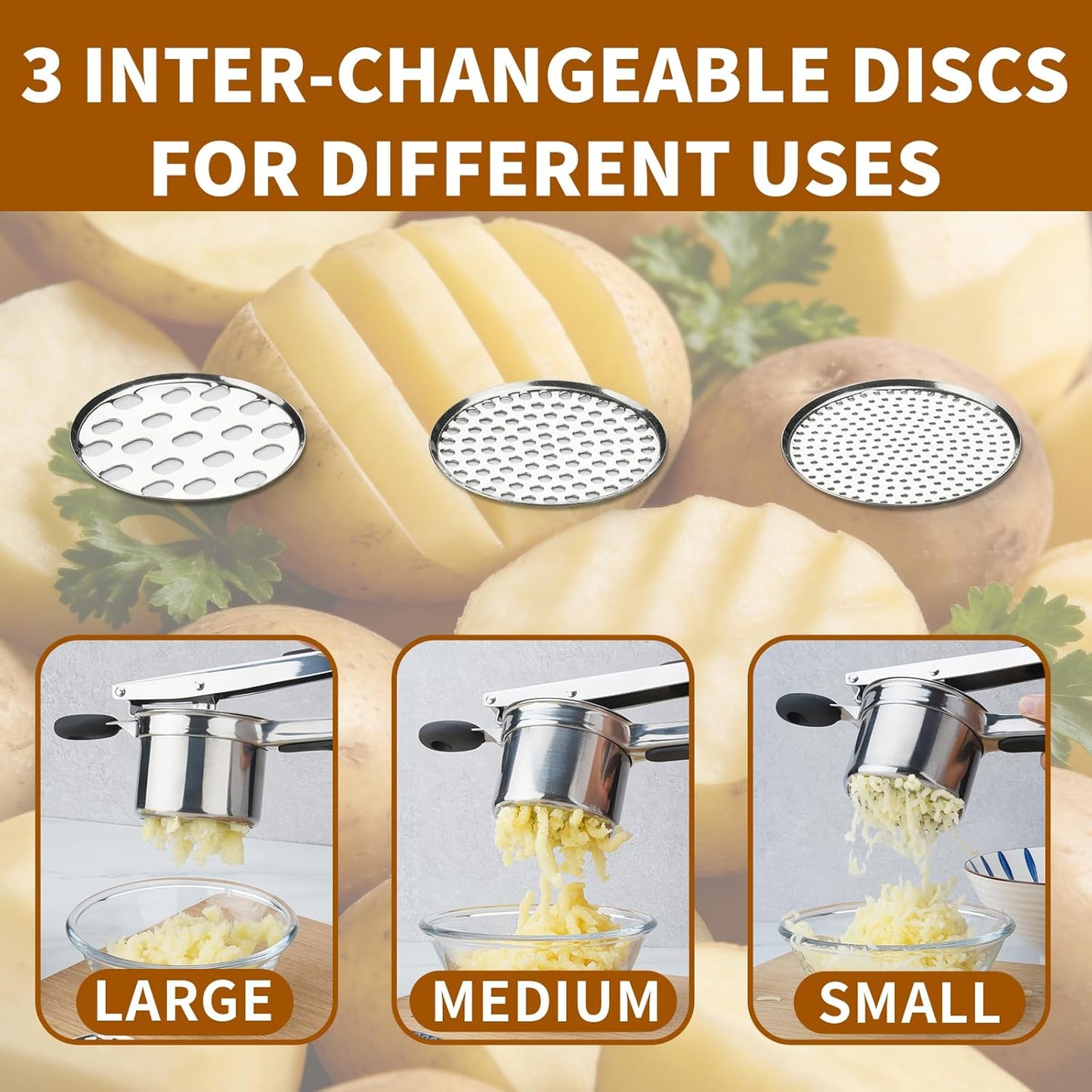 Skiennix 15oz Potato Ricer - Heavy Duty Stainless Steel with 3 Interchangeable Discs & Silicone Handle