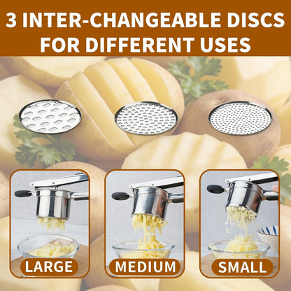 Skiennix 15oz Potato Ricer - Heavy Duty Stainless Steel with 3 Interchangeable Discs & Silicone Handle