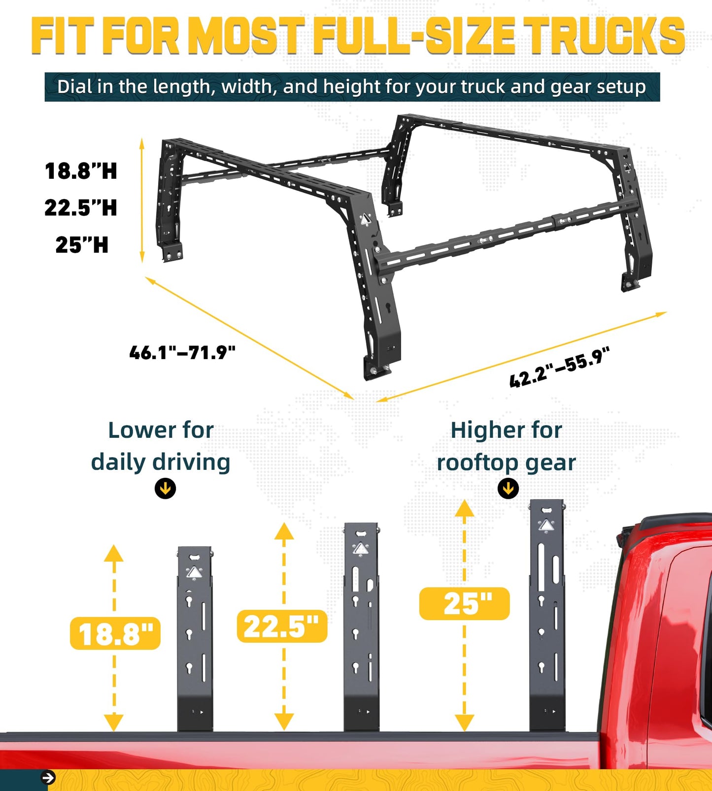 Trumgeta Overland Bed Rack Fit for Full-Size Pickups, Adjustable Truck Ladder Rack for T-Slot Tonneau Covers, 18.8"-25" Height Bed Rack with Side Cross Bars, Fit for F150/Ram 1500/Silverado/Sierra