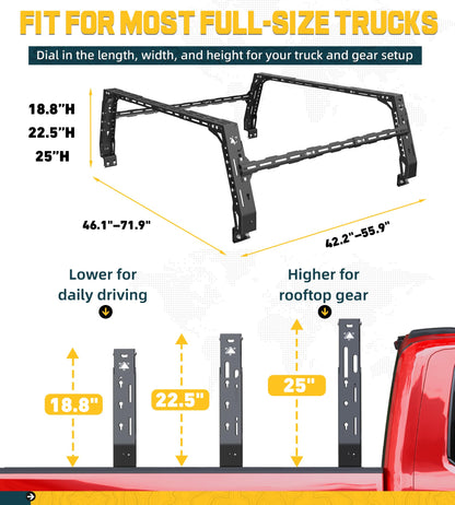 Trumgeta Overland Bed Rack Fit for Full-Size Pickups, Adjustable Truck Ladder Rack for T-Slot Tonneau Covers, 18.8"-25" Height Bed Rack with Side Cross Bars, Fit for F150/Ram 1500/Silverado/Sierra