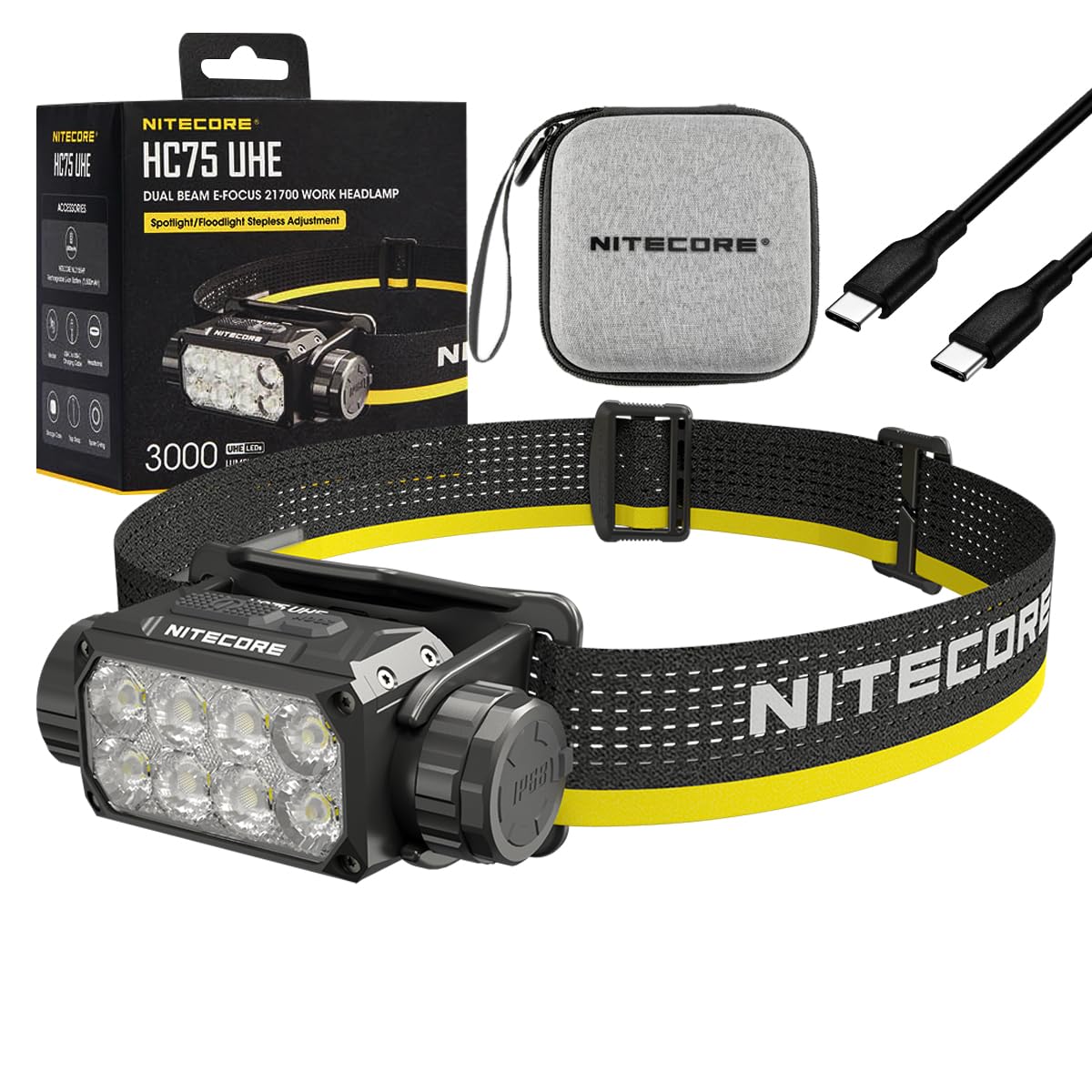 Nitecore HC75 UHE HEADLAMP HC75 UHE Rechargeable E-Focus Spotlight Floodlight Headlamp 192m Beam -3000 Lumens (Upgrade of HC68) w/Battery and Eco Sensa USB-C Charging Cable