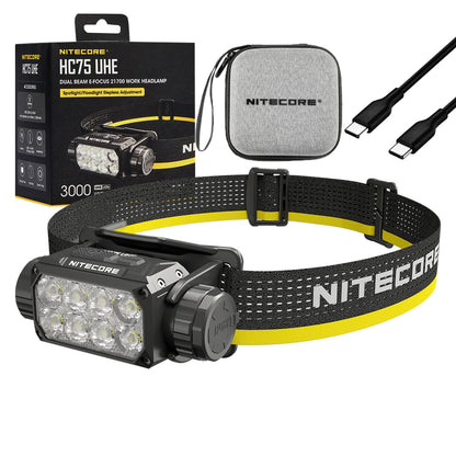 Nitecore HC75 UHE HEADLAMP HC75 UHE Rechargeable E-Focus Spotlight Floodlight Headlamp 192m Beam -3000 Lumens (Upgrade of HC68) w/Battery and Eco Sensa USB-C Charging Cable