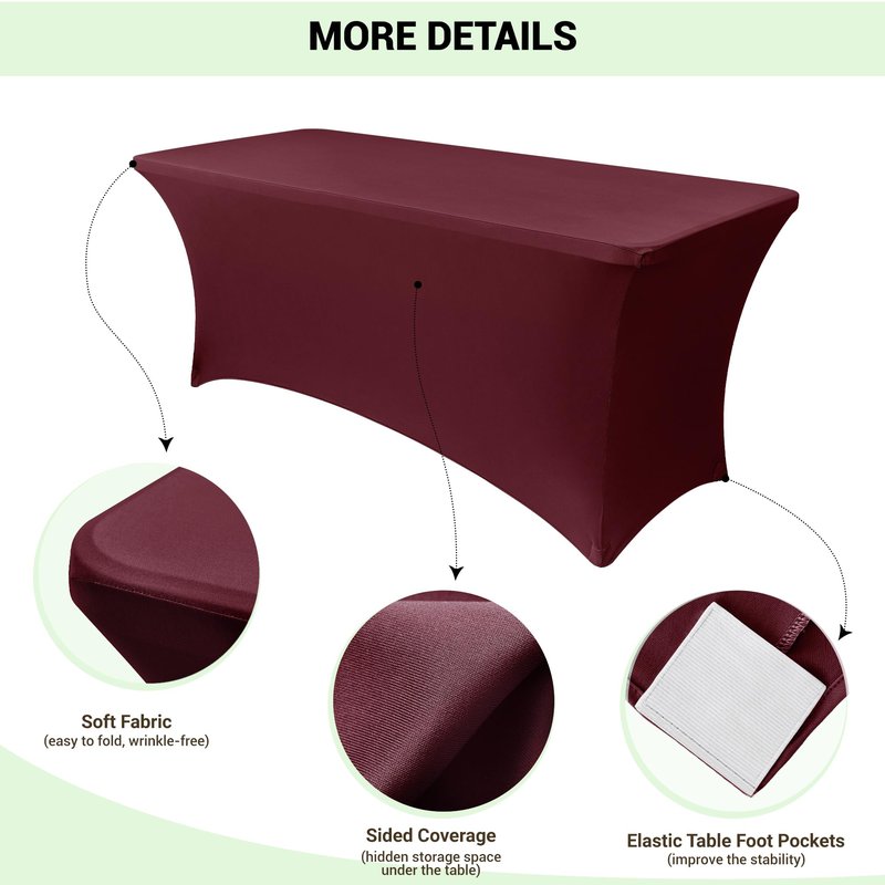 Obstal 8Ft Stretch Spandex Table Cover for Standard Folding Tables - 2 Pack Universal Rectangular Fitted Tablecloth for Party, Banquet, Events, Trade Show (Wine Red, 96L x 30W x 30H Inches)