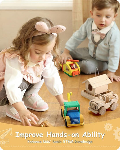 SainSmart Jr. Woodworking Building Kits for Kids with Birdhouse 4-in-1 Kids STEM Projects Set DIY Wood Crafts Assembly Toys with Paints &amp Brushes for Boys and Girls