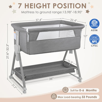 BIERUM Baby Bassinet for Baby - 7 Height Adjustable Bedside Bassinet with Lockable Wheels, Easy to Assemble Portable Bedside Crib with Large Storage Bag & Mattress for Newborn/Infant