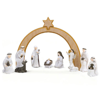 Treewoll 11 Pcs Christmas Scene Nativity Set, Holy Family Scene with Wooden Arched Stable and Resin Figurines Including Baby Jesus, Mary, Joseph and More, Religious Collections for Home Tabletop Decor