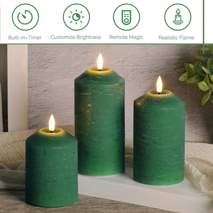 Girimax Green Christmas Flameless Pillar Candles with Remote, LED Wax Candles Battery Powered Flickering Set of 3