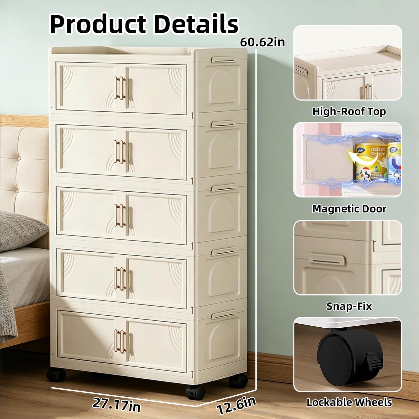 FoldTrend 5 Tier Foldable Storage Cabinet with Lids, 313QT Large Premium PP Storage Organizer with Magnetic Doors and Wheels, Heavy Duty White Storage Bins for Home, Office, Kitchen, Dorm