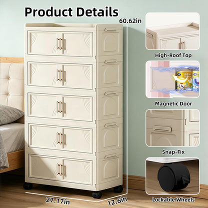 FoldTrend 5 Tier Foldable Storage Cabinet with Lids, 313QT Large Premium PP Storage Organizer with Magnetic Doors and Wheels, Heavy Duty White Storage Bins for Home, Office, Kitchen, Dorm
