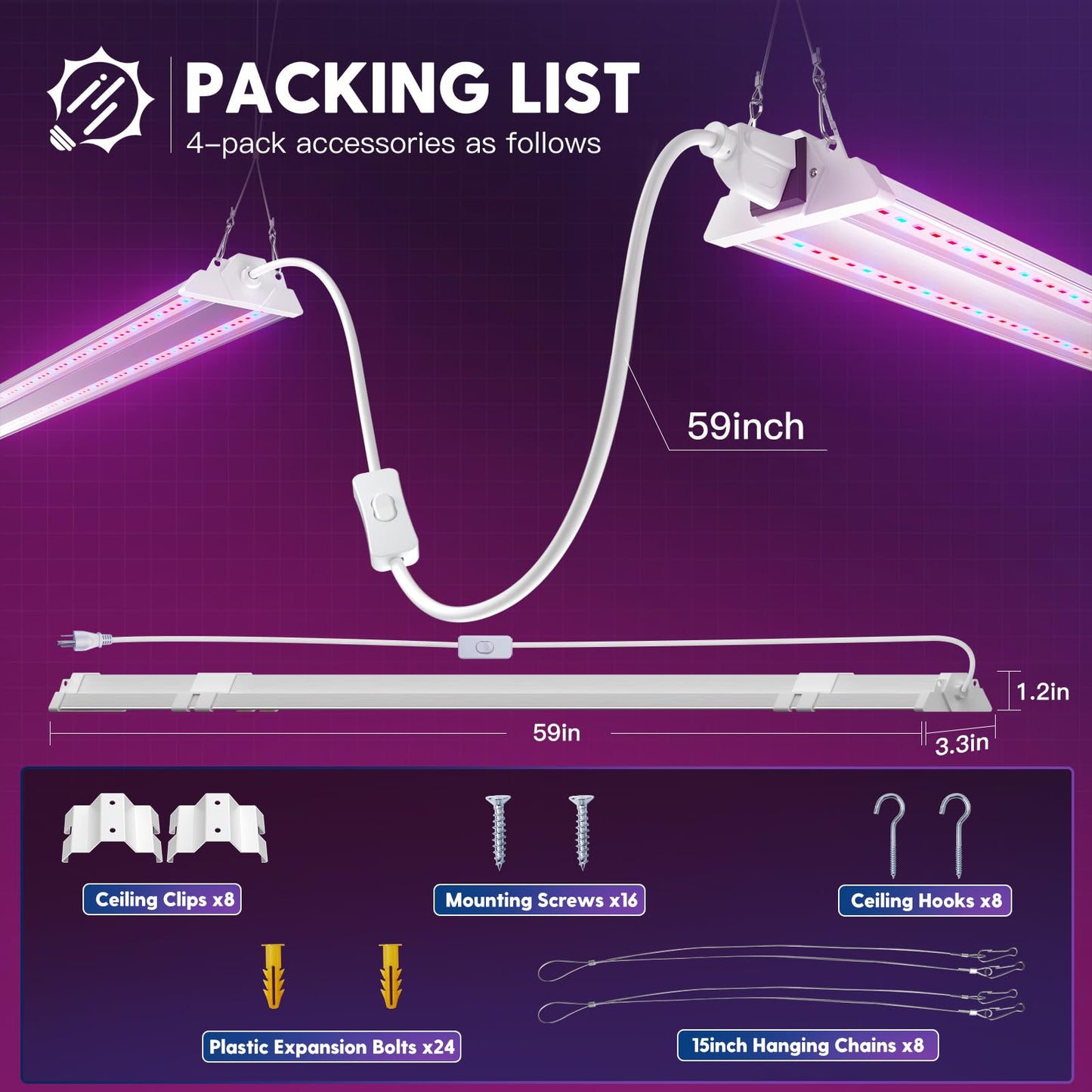 FREELICHT 4 Pack 4ft LED Grow Light, 60W (350W Equivalent), Red Blue (660nm+460nm) Full Spectrum Grow Light for Indoor Plants, Hanging Plug in Grow Lamp for Hydroponic Greenhouse Plants Seedling Veg