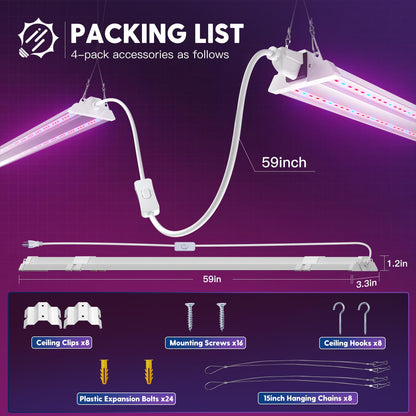 FREELICHT 4 Pack 4ft LED Grow Light, 60W (350W Equivalent), Red Blue (660nm+460nm) Full Spectrum Grow Light for Indoor Plants, Hanging Plug in Grow Lamp for Hydroponic Greenhouse Plants Seedling Veg