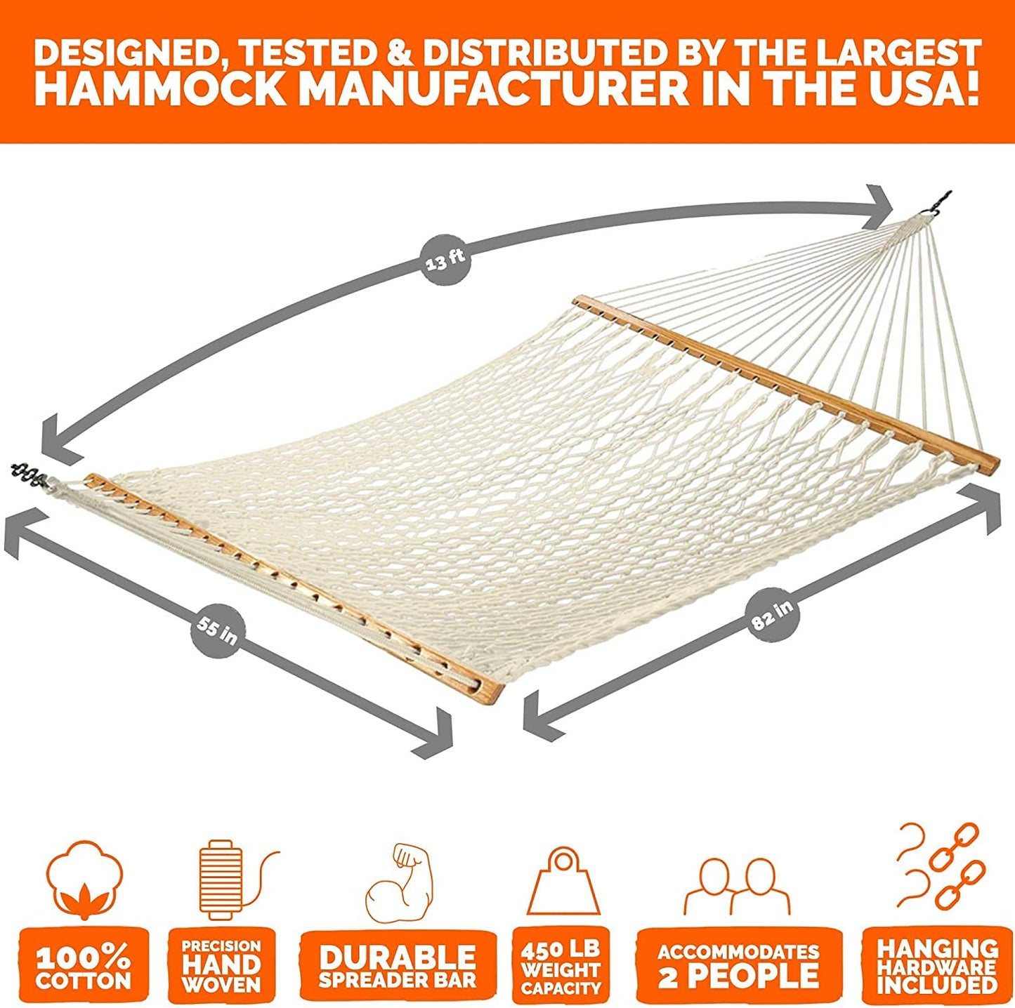 Castaway Living 13 ft. Double Traditional Hand Woven Oatmeal Cotton Rope Hammock – 2-Person, 450 lb Capacity, Free Extension Chains & Tree Hooks, Designed in The USA