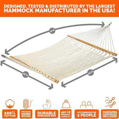 Castaway Living 13 ft. Double Traditional Hand Woven Oatmeal Cotton Rope Hammock – 2-Person, 450 lb Capacity, Free Extension Chains & Tree Hooks, Designed in The USA