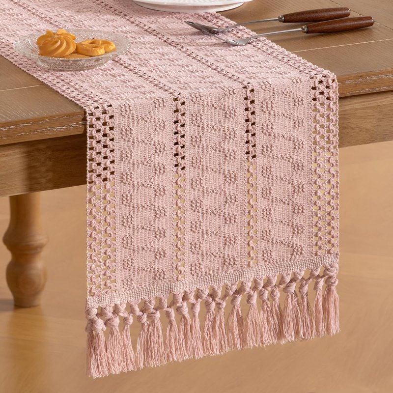 Socomi Boho Table Runner Easter Spring Farmhouse Rustic Dining Kitchen Centerpiece Decor Small Macrame Woven Cotton Linen Coffee Table Runner for Dresser Scarf Home Decor 12x36 in Pink