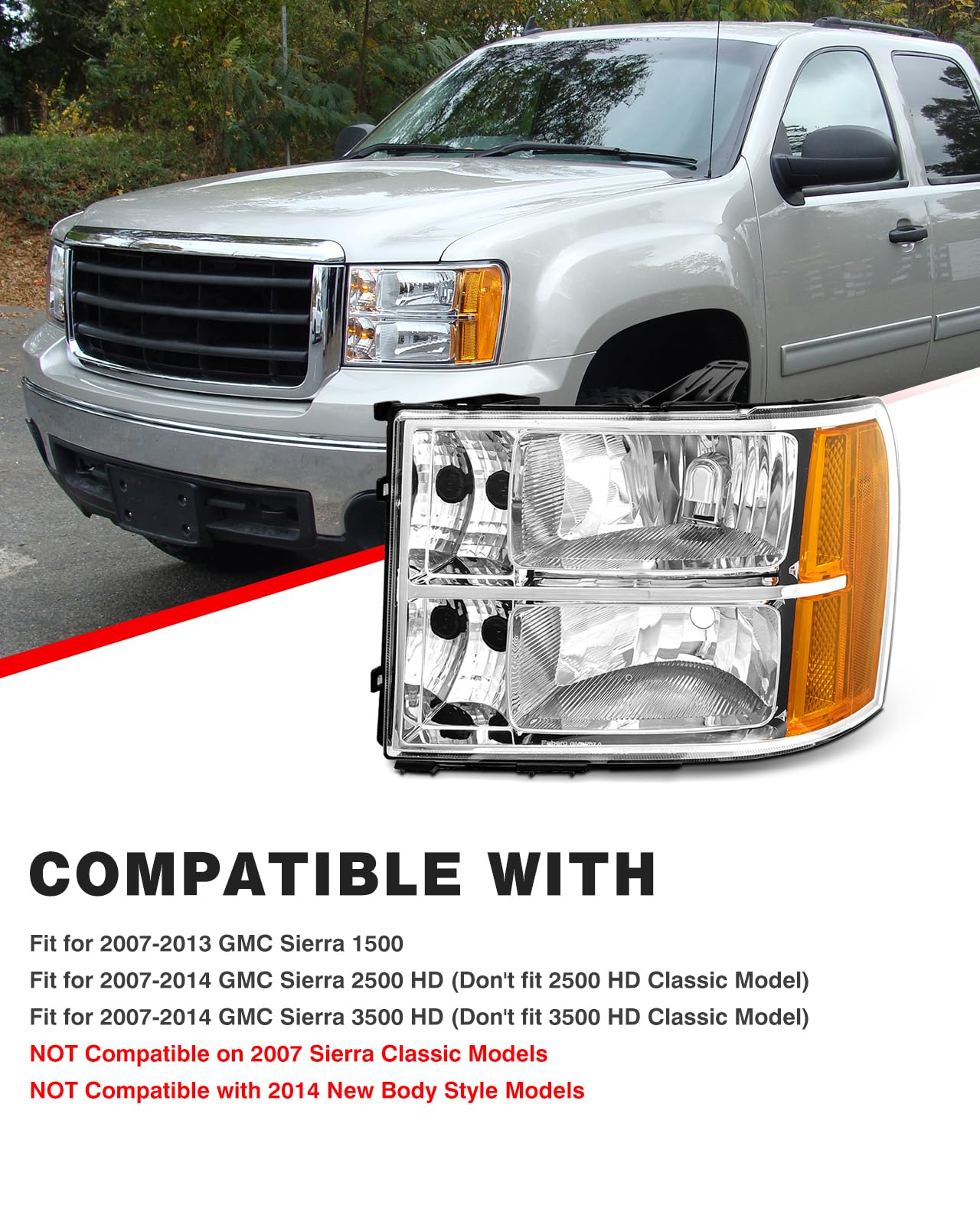 Headlight Assembly compatible with 07-13 GMC Sierra 1500/07-14 GMC Sierra 2500HD 3500HD for 2007-2014 Sierra Headlamp Chrome Housing Headlamp Replacement Driver and Passenger Sides（W/O Bulbs）