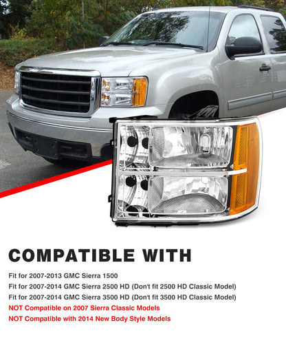 Headlight Assembly compatible with 07-13 GMC Sierra 1500/07-14 GMC Sierra 2500HD 3500HD for 2007-2014 Sierra Headlamp Chrome Housing Headlamp Replacement Driver and Passenger Sides（W/O Bulbs）