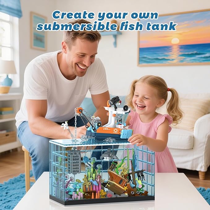 Fish Tank Building Blocks Set Aquarium Building Set with LED Lights Including Ocean Shark Jellyfish Fishing Boat STEM Gift for Kids Boys Girls Age 8-12+ and Adults(830PCS)