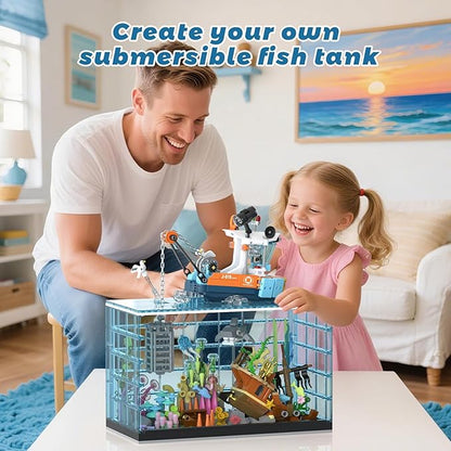 Fish Tank Building Blocks Set Aquarium Building Set with LED Lights Including Ocean Shark Jellyfish Fishing Boat STEM Gift for Kids Boys Girls Age 8-12+ and Adults(830PCS)