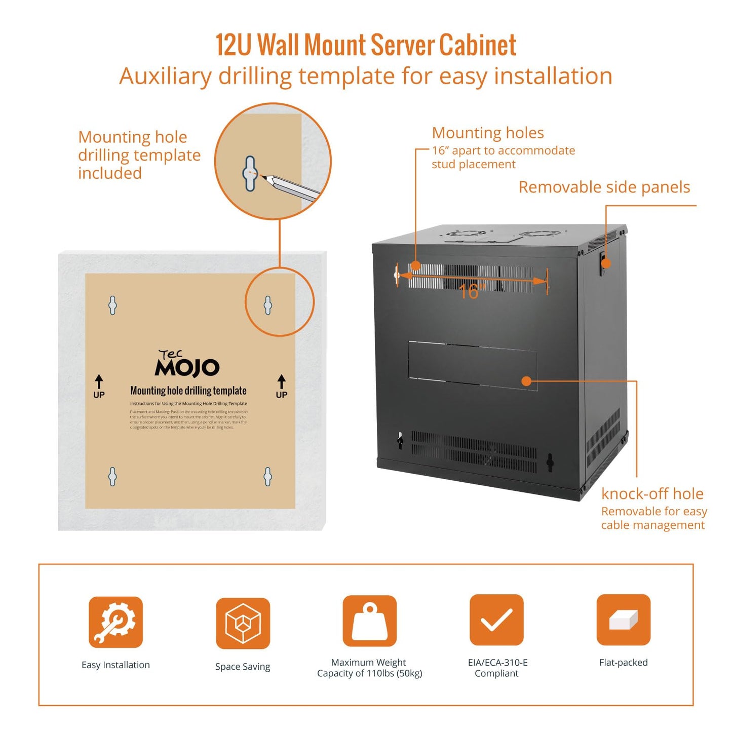 Tecmojo 12U Wall Mount Server Cabinet IT Network Rack Enclosure Lockable Door and Side Panels Black,Cooling Fan,Glass Door,17.7inch Depth,for 19” IT Equipment,A/V Devices