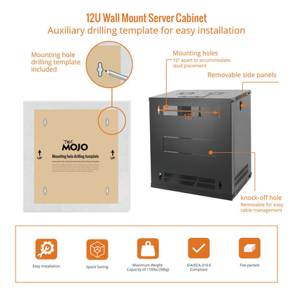 Tecmojo 12U Wall Mount Server Cabinet IT Network Rack Enclosure Lockable Door and Side Panels Black,Cooling Fan,Glass Door,17.7inch Depth,for 19” IT Equipment,A/V Devices