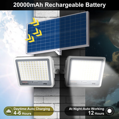 300W Solar Flood Lights Outdoor, 2-Pack 30000LM Dimmable Solar Security Lights with Remote, 3000K-7000K Color Changing, 20000mAh Battery, Dusk to Dawn, IP66 Waterproof, for Yard, Barn, Garage, Pool