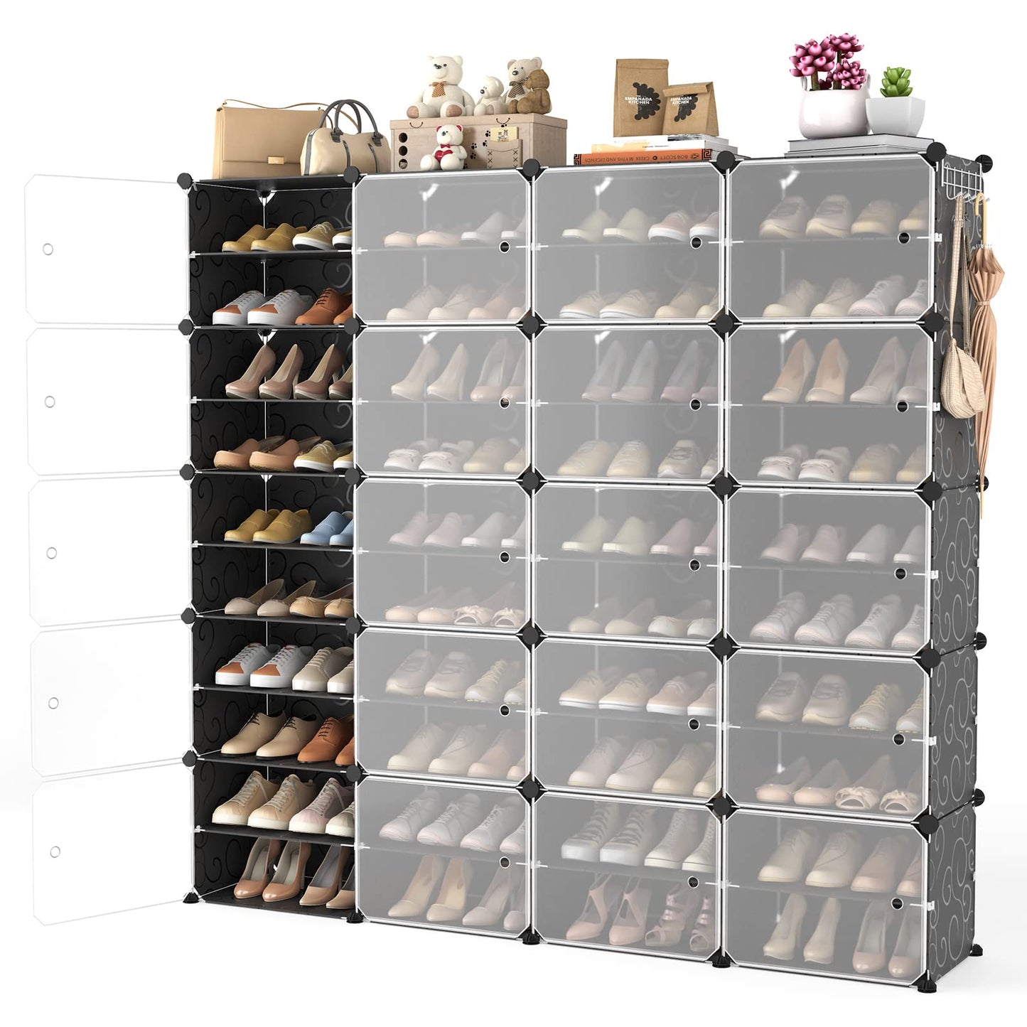 WEXCISE Portable Shoe Rack Organizer with Door, 80 Pairs Shoe Storage Cabinet Easy Assembly, Plastic Adjustable Shoe Storage Organizer Stackable Detachable Free Standing DIY Expandable 10 Tier Black