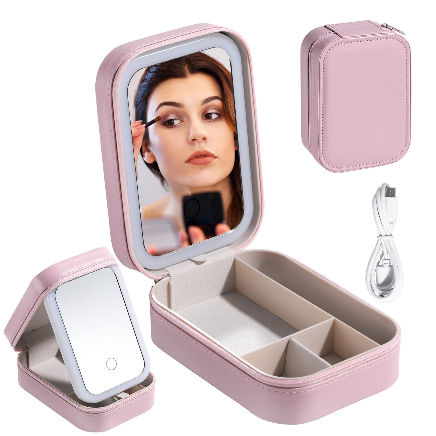 BS-MALL Travel Cosmetic Mirror Case LED Makeup Mirror Storage Case for Eyelash station Brushes Cosmetic Tools Pink On-the-go Makeup Needs (White)