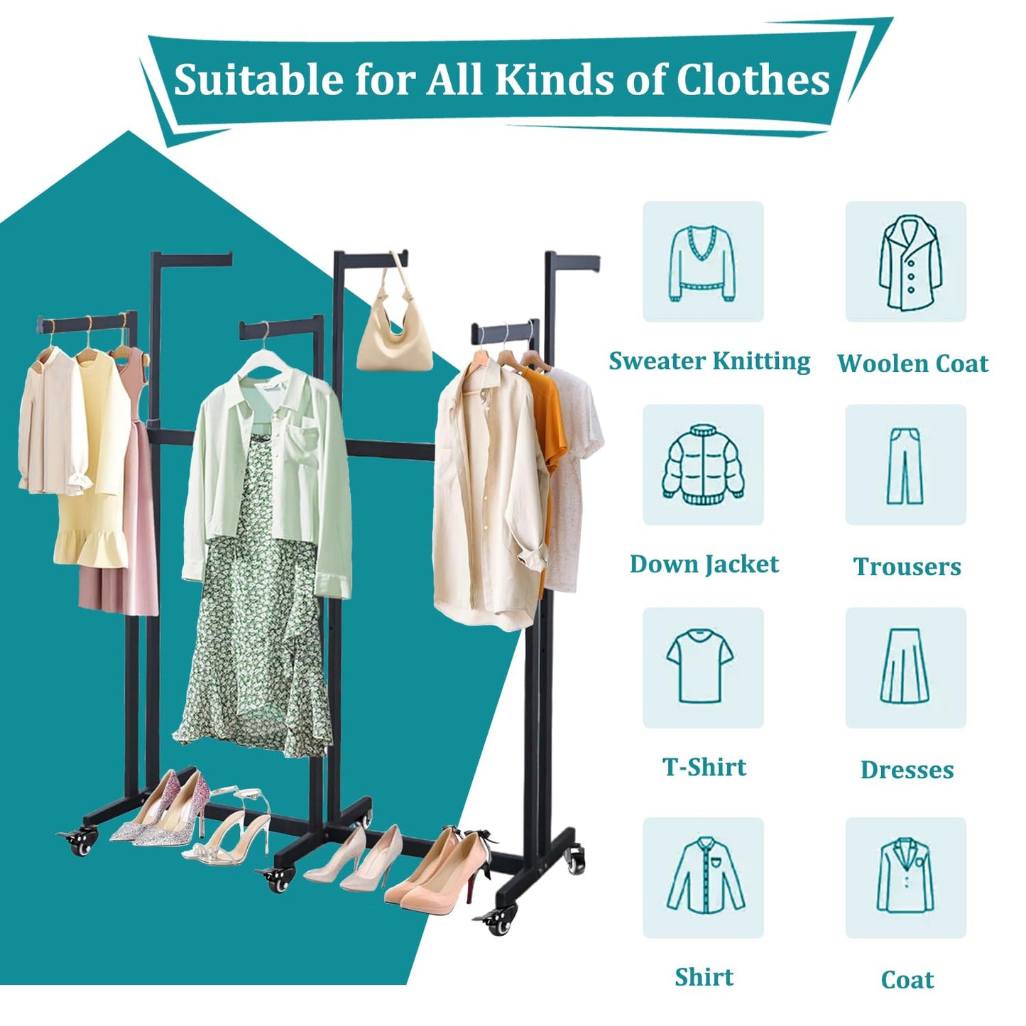 rcqeuiol Clothing Display Racks for Retail, Floor Standing Metal Garment Rack with Wheels, 6 Arms Heavy Duty Retail Display Racks for Hanging Clothes, Adjustable Shirt Rack, Black