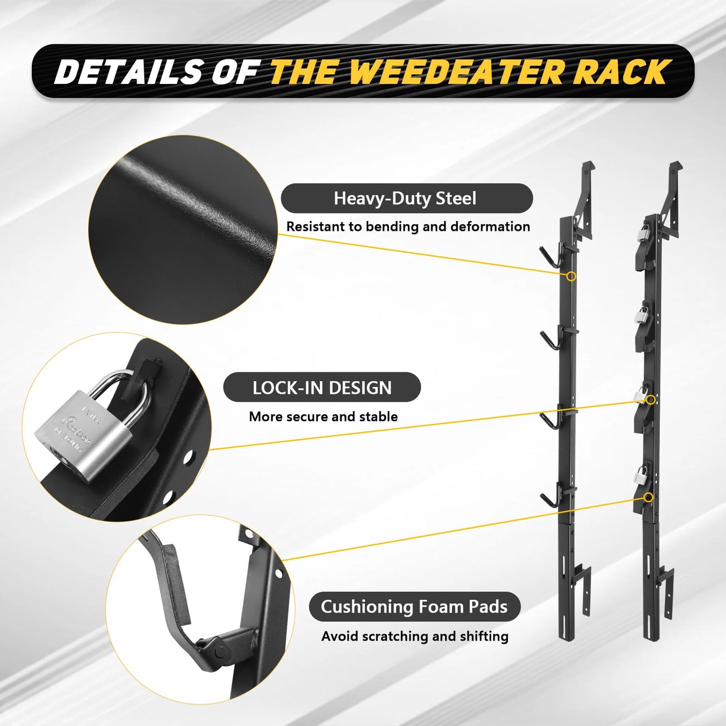 DEWHONETE 4 Place Trimmer Weed Eater Rack for Enclosed and Open Trailer Walls Landscape Truck Weedeater Rack Carrier Holder with 4 Lock-Black