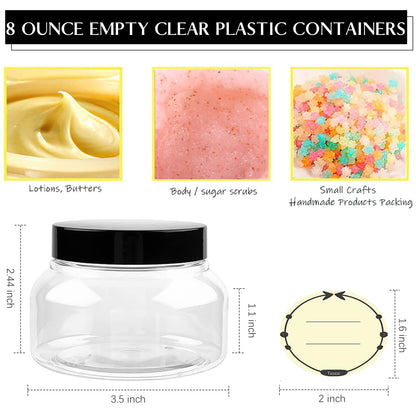 TUZAZO 8 Oz Premium Plastic Tuscany Jars with Lids BPA Free, 12 Pack Empty Sugar Scrub Containers, Round Clear Cosmetic Containers for Body Butter, Lotion, Cream, Gel, Beauty Product