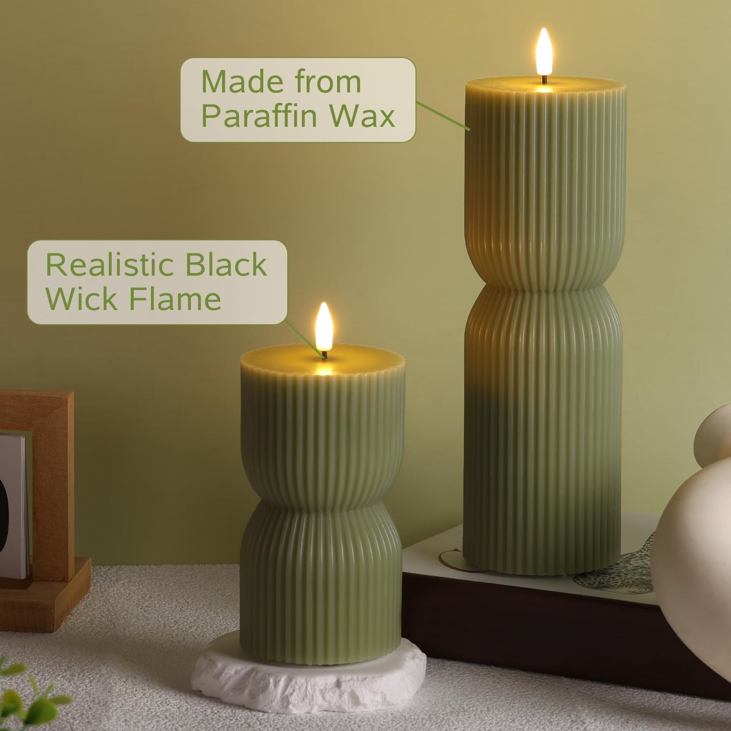Girimax Olive Green Ribbed Flameless Pillar Candles with Remote, LED Candles Battery Operated Flickering Real Wax Set of 2