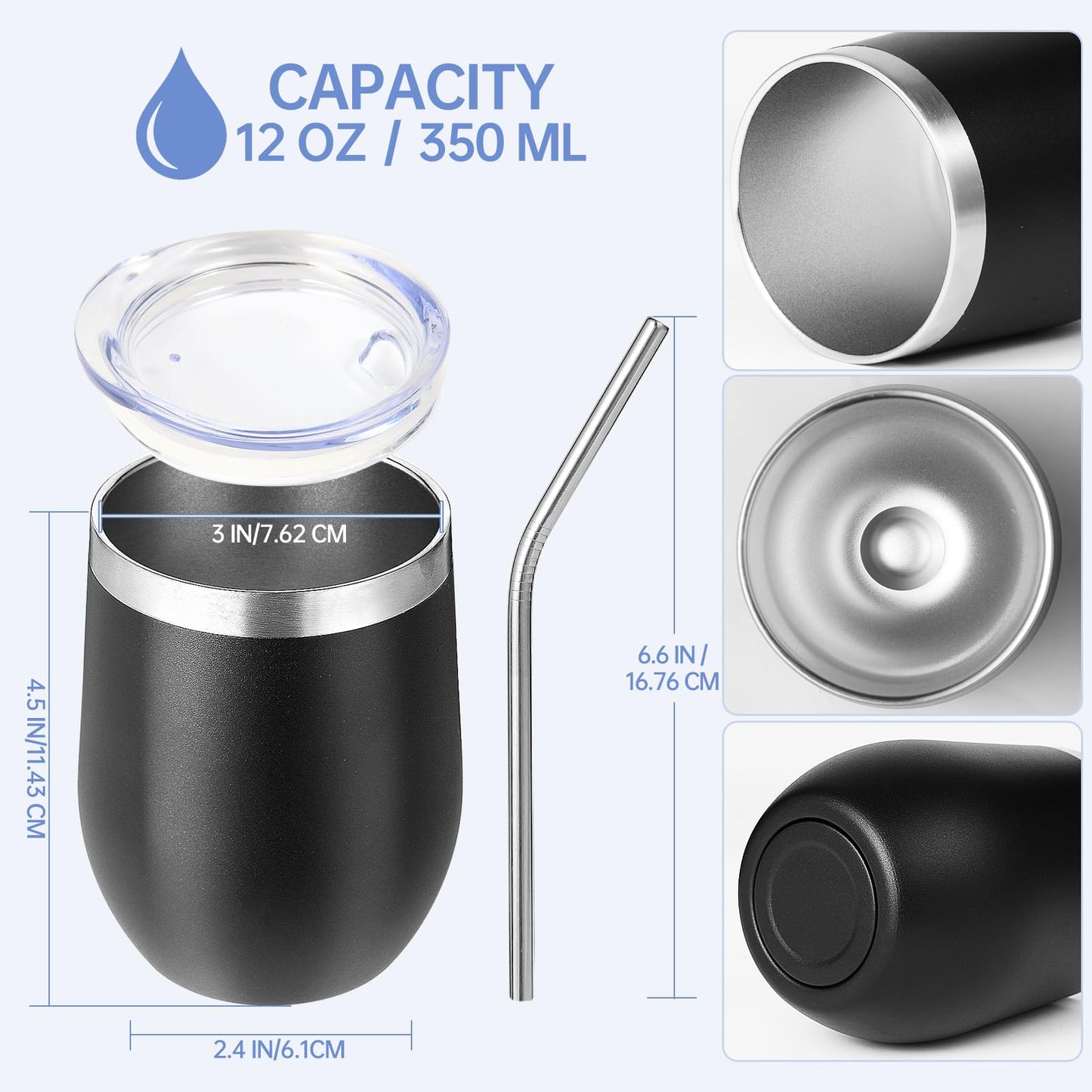Volhoply 12oz Stainless Steel Wine Tumbler with Lid Bulk 24 Pack,Double Wall Vacuum Stemless Wine Glasses,Reusable Metal Travel Coffee Mug with Straw,Insulated Cups Gifts for Christmas（Black,24 Set）